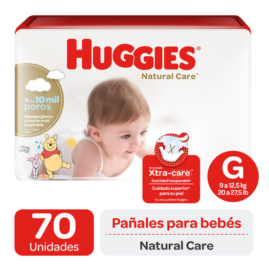 Pañales Huggies Natural Care Unisex Pack 210 Un (3 paq. x 70 un). Talla G